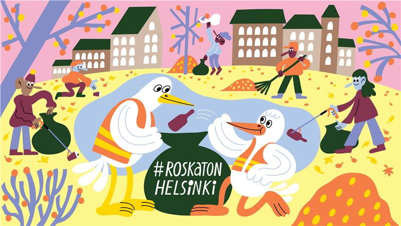 Kaksi animoitua lokkia kaupungissa roskapussin kanssa.